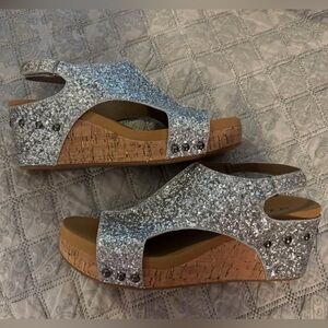 Corkys Silver Glitter Wedge Sandals